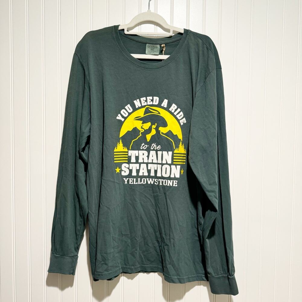 US Vintage Yellowstone Long Sleeve Cotton Tee Green NEW Mens 2X